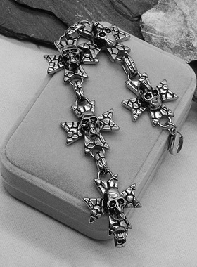 时尚钛钢手链 欧美复古十字花纹骷髅头鬼头霸气朋克钛钢手链