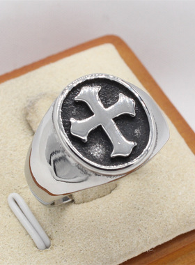 时尚钛钢男款戒指 欧美个性圆形十字戒指复古十字架钛钢戒指指环