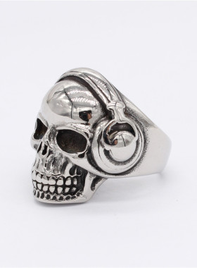 时尚钛钢男款戒指欧美个性复古听音乐耳麦骷髅头钛钢男式戒指指环