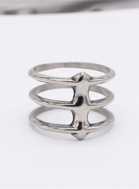 时尚钛钢男女戒指 欧美复古时尚个性Ins风几何三环钛钢戒指指环