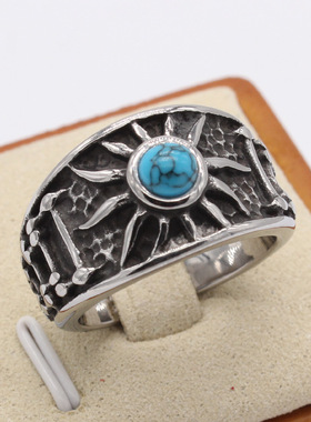 时尚钛钢男款戒指 欧美个性复古松石戒指 太阳图腾钢戒指指环