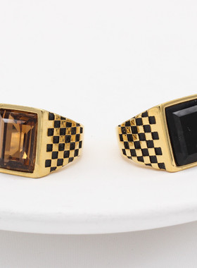 时尚钛钢男款戒指  欧美简约黑白方格方形多彩宝石钛钢戒指指环