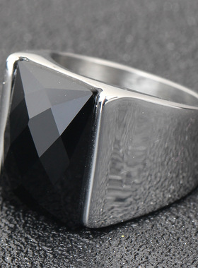 时尚钛钢戒指 欧美霸气简约11MM镶宝石扳指长方形钛钢戒指指环