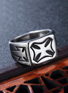 时尚钛钢男款戒指 欧美个性复古长方形十字架钛钢戒指潮男指环
