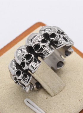 时尚钛钢男款戒指欧美个性骷髅头戒指整圈立体骷髅头钛钢戒指指环