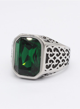 时尚钛钢男款戒指  欧美网红时尚复古长方形宝石钛钢戒指 宫廷风