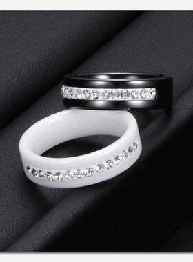 时尚钛钢戒指 陶瓷创意6MM黑白双X钛钢镶钻戒指 情侣戒指指环