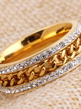 时尚钛钢戒指 欧美时尚个性7MM两排钻金色麻花链镶钻钛钢戒指指环