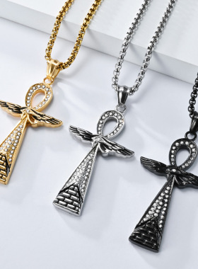 时尚钛钢项链欧美文艺复古埃及安卡镶钻十字架钛钢项链十字架项链