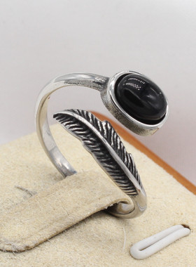 时尚钛钢戒指 欧美个性复古圆形宝石羽毛戒指 开口钛钢戒指指环