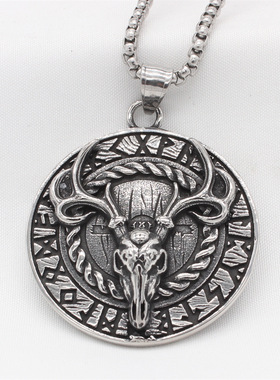 时尚钛钢项链 欧美个性复古圣诞节鹿头圆牌吊坠 钛钢项链