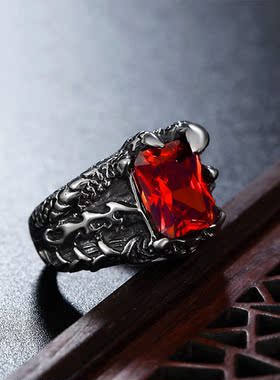 欧美风红宝石龙爪男士钛钢戒指