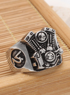 时尚钛钢男款戒指 个性复古机车发动机骷髅朋克钛钢戒指潮男指环