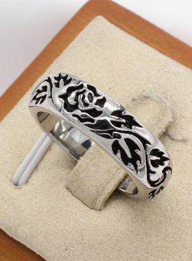 时尚钛钢男款戒指  欧美复古男士玫瑰花图案钛钢戒指指环