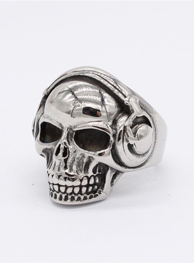 时尚钛钢男款戒指欧美个性复古听音乐耳麦骷髅头钛钢男式戒指指环