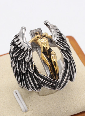 时尚钛钢男款戒指 欧美个性复古十字架天使间金钛钢戒指指环