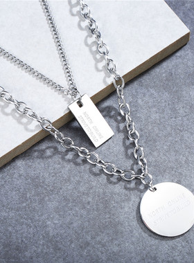 时尚钛钢项链 欧美ins网红简约圆牌长方牌双层短款锁骨链钛钢项链