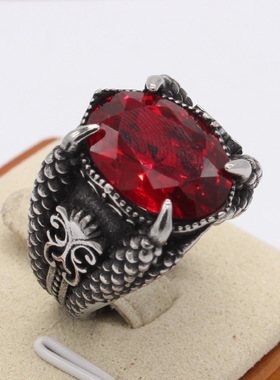 时尚钛钢男款戒指 欧美个性复古龙爪男士椭圆红宝石钢戒指指环