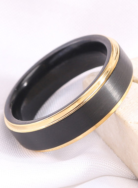 时尚简约拉丝哑光黑金色钨钢戒指情侣对戒指防剐蹭钨金戒指