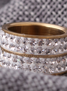 时尚钛钢戒指 欧美ins时尚排钻钛钢戒指双排12mm镶钻钛钢戒指指环