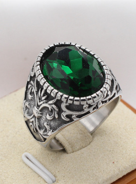 时尚钛钢男款戒指 欧美个性复古图腾十字架椭圆宝石钛钢戒指指环