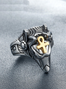 时尚钛钢男款戒指 复古埃及法老守护神阿努比斯男士钛钢戒指指环