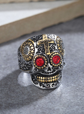 时尚钛钢男款戒指欧美个性复古墨西哥红眼骷髅头男士钛钢戒指指环