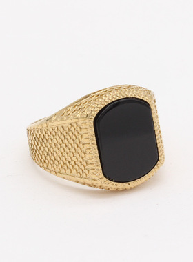 时尚钛钢男款戒指 时尚简约欧美纹路黑宝石长方形钛钢戒指指环