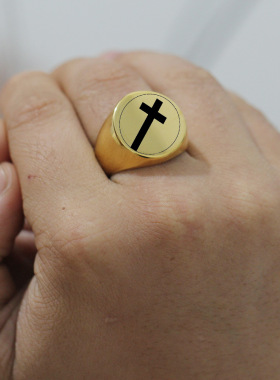 时尚钛钢戒指 激光镭射刻圆形简约圆十字架图案钛钢戒指指环