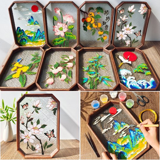 掐丝珐琅画diy材料茶盘景泰蓝海棠花玻璃托盘暖场非遗手工