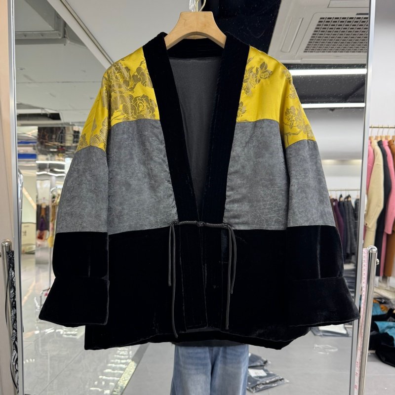 新中式女装香云纱撞色真丝丝绒夹棉外套棉衣2025年秋装新款蝙蝠袖,淘宝优惠券,粉丝福利购,淘宝优惠卷