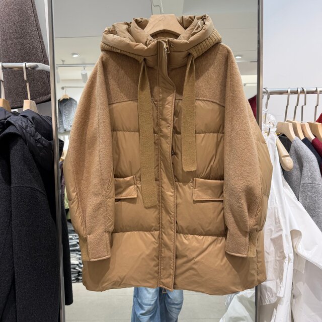 European station 2025 new winter clothing popular women's down jacket double-sided cashmere splicing hooded collar to keep warm and slim