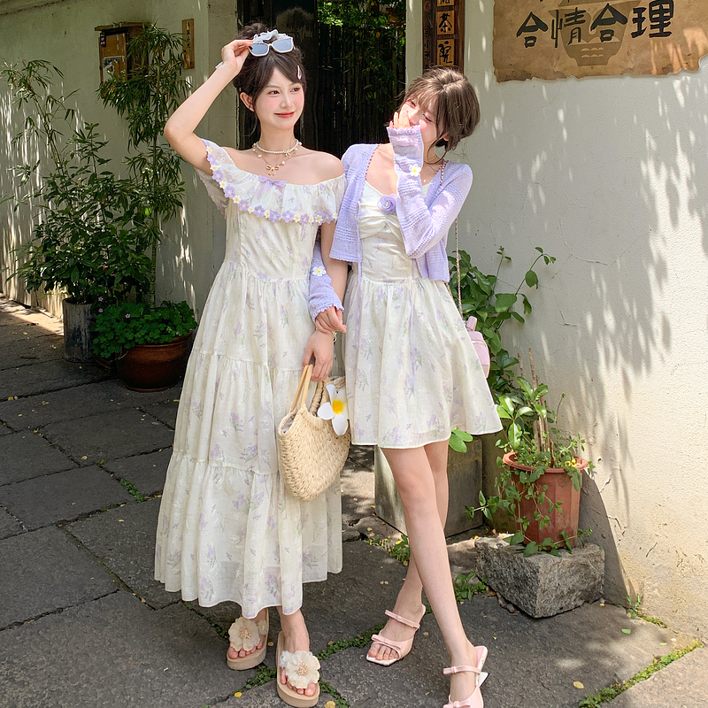 森女部落连衣裙女一字肩连衣裙海边度假打揽收腰气质长裙2025新款 - 图1