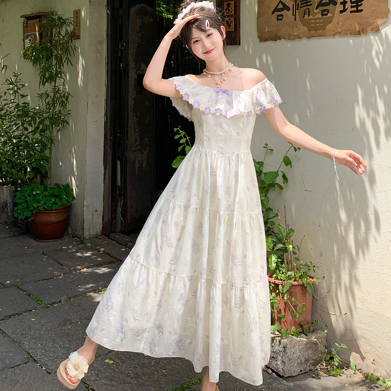 森女部落连衣裙女一字肩连衣裙海边度假打揽收腰气质长裙2025新款 - 图0