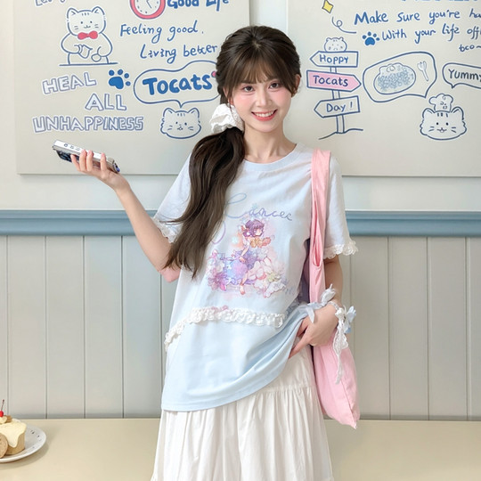 森女部落原创星座系列印花蕾丝花边短袖T恤女多巴胺少女纯棉上衣