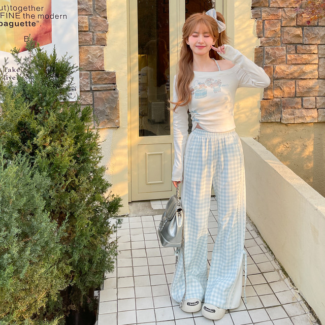 ກາງເກງຂາກວ້າງສີຟ້າ plaid ຫວານສໍາລັບແມ່ຍິງພາກຮຽນ spring ກາງເກງບາດເຈັບ