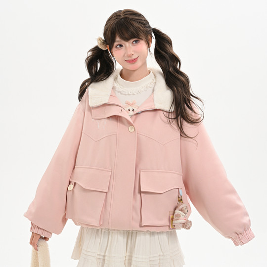 森女部落甜美风百搭毛绒连帽棉服女2025新款宽松粉色保暖外套冬季