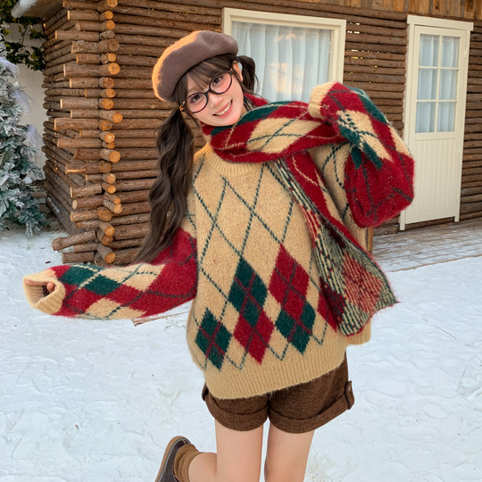 森女部落复古学院风菱格撞色圆领毛衣女2025新款秋宽松套头针织衫