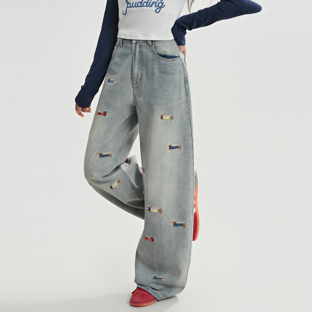 Mori tribe wax dog embroidered jeans ສໍາລັບແມ່ຍິງພາກຮຽນ spring ຮູບແບບໃຫມ່ລ້າງຫວານແບບວ່າງ slimming ແອວສູງຂາກ້ວາງ pants