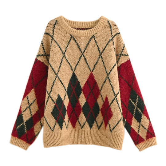 森女部落复古学院风菱格撞色圆领毛衣女2025新款秋宽松套头针织衫