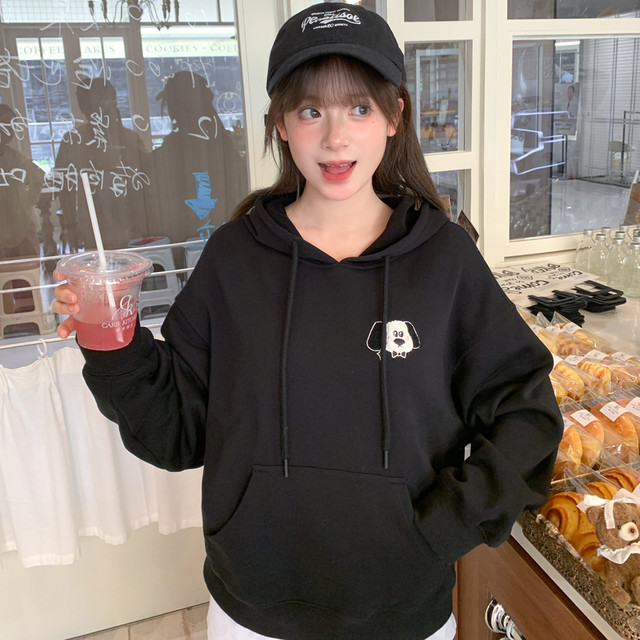 ກາຕູນແບບຫວານ puppy embroidered sweatshirt hooded ສໍາລັບແມ່ຍິງດູໃບໄມ້ລົ່ນ