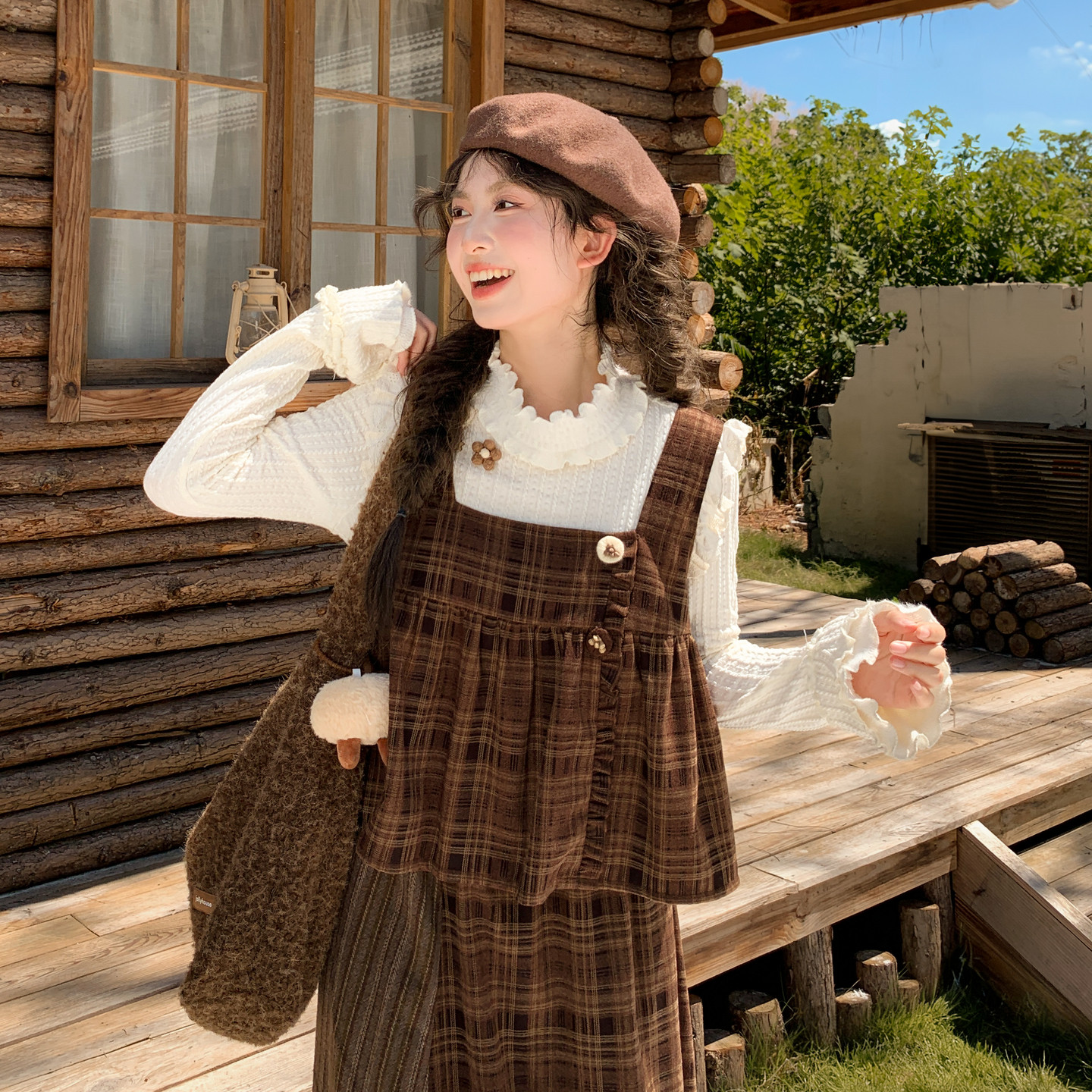 森女部落棕色蕾丝花边高领长袖T恤女秋森系内搭可爱打底衫上衣冬,淘宝优惠券,粉丝福利购,淘宝优惠卷