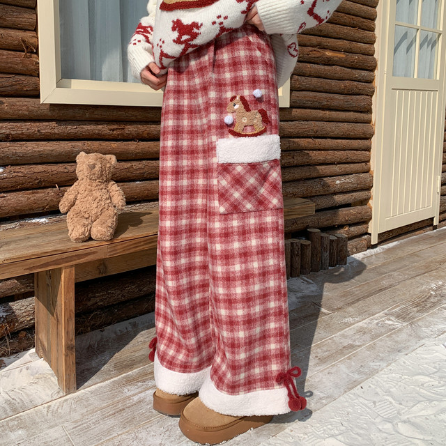 Mori Girl Tribe Sweet Style Cartoon Embroidery High Waist Straight Casual Pants Women 2026 New Woolen Plaid Pants Winter