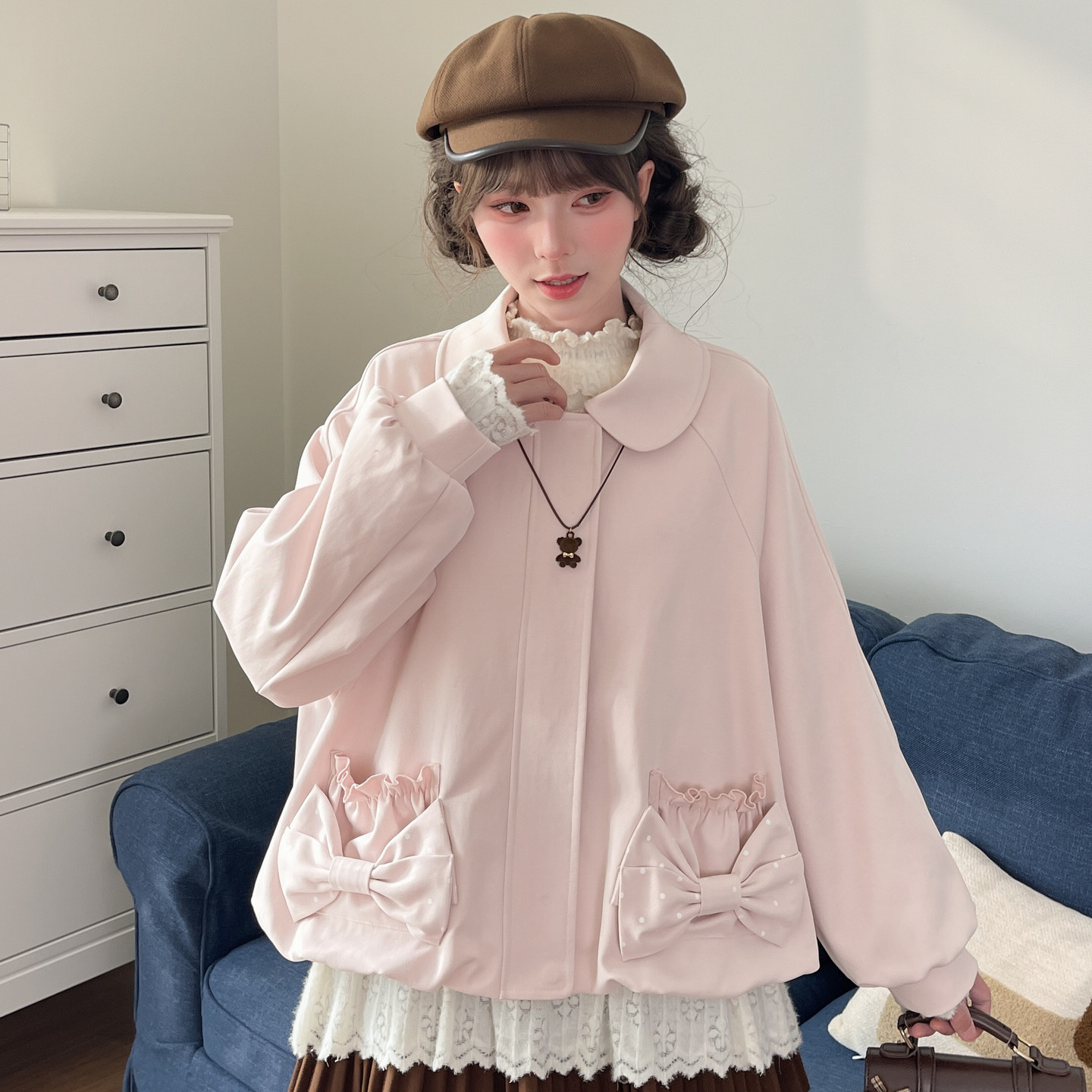 森女部落粉色娃娃领可爱短外套女长袖上衣秋新款小个子少女开衫春