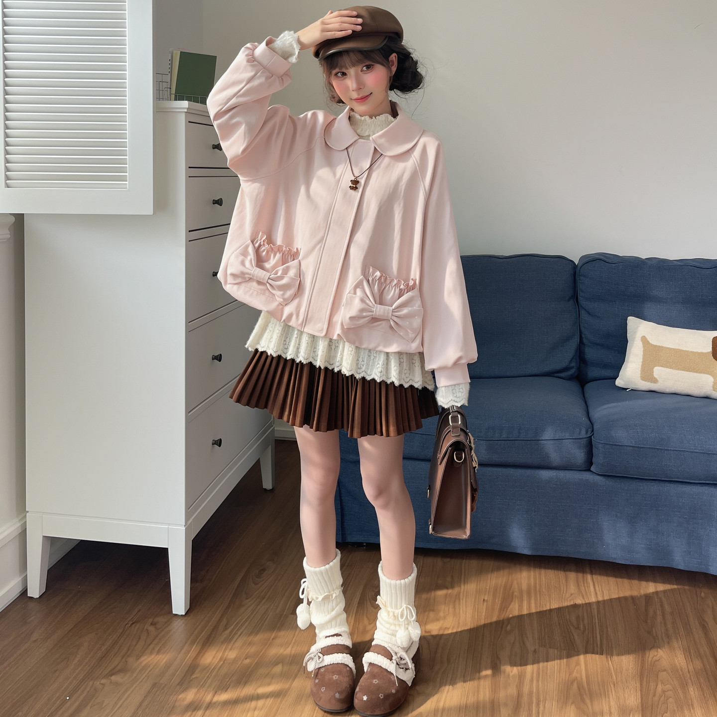 森女部落粉色娃娃领可爱短外套女长袖上衣秋新款小个子少女开衫春