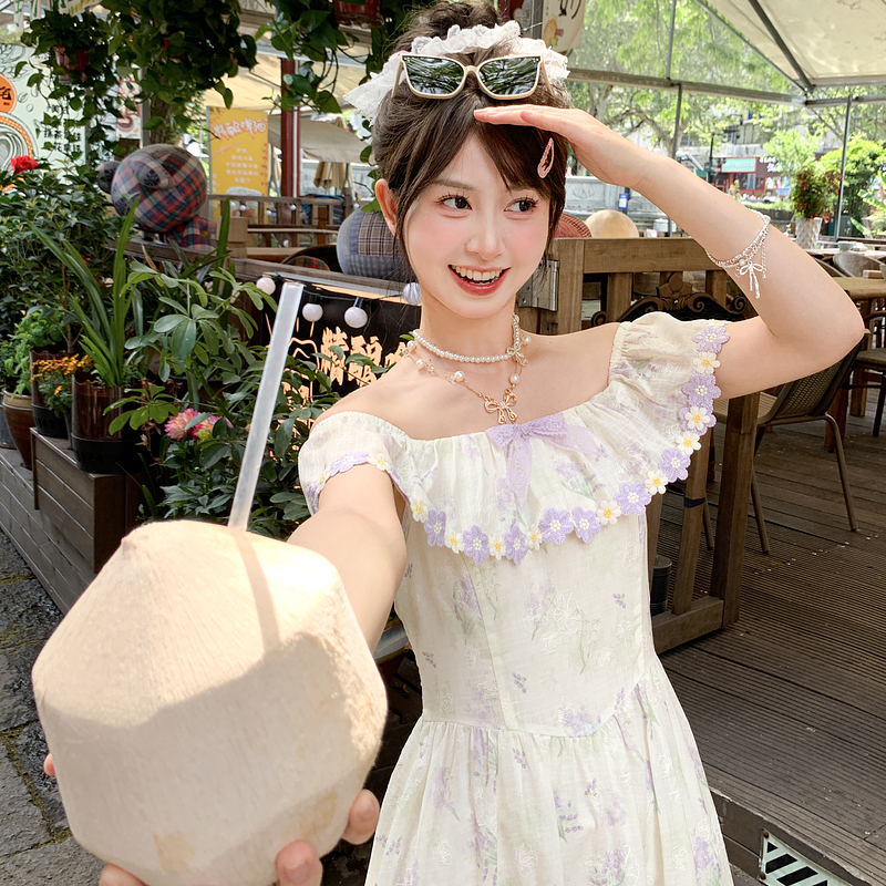 森女部落连衣裙女一字肩连衣裙海边度假打揽收腰气质长裙2025新款 - 图2