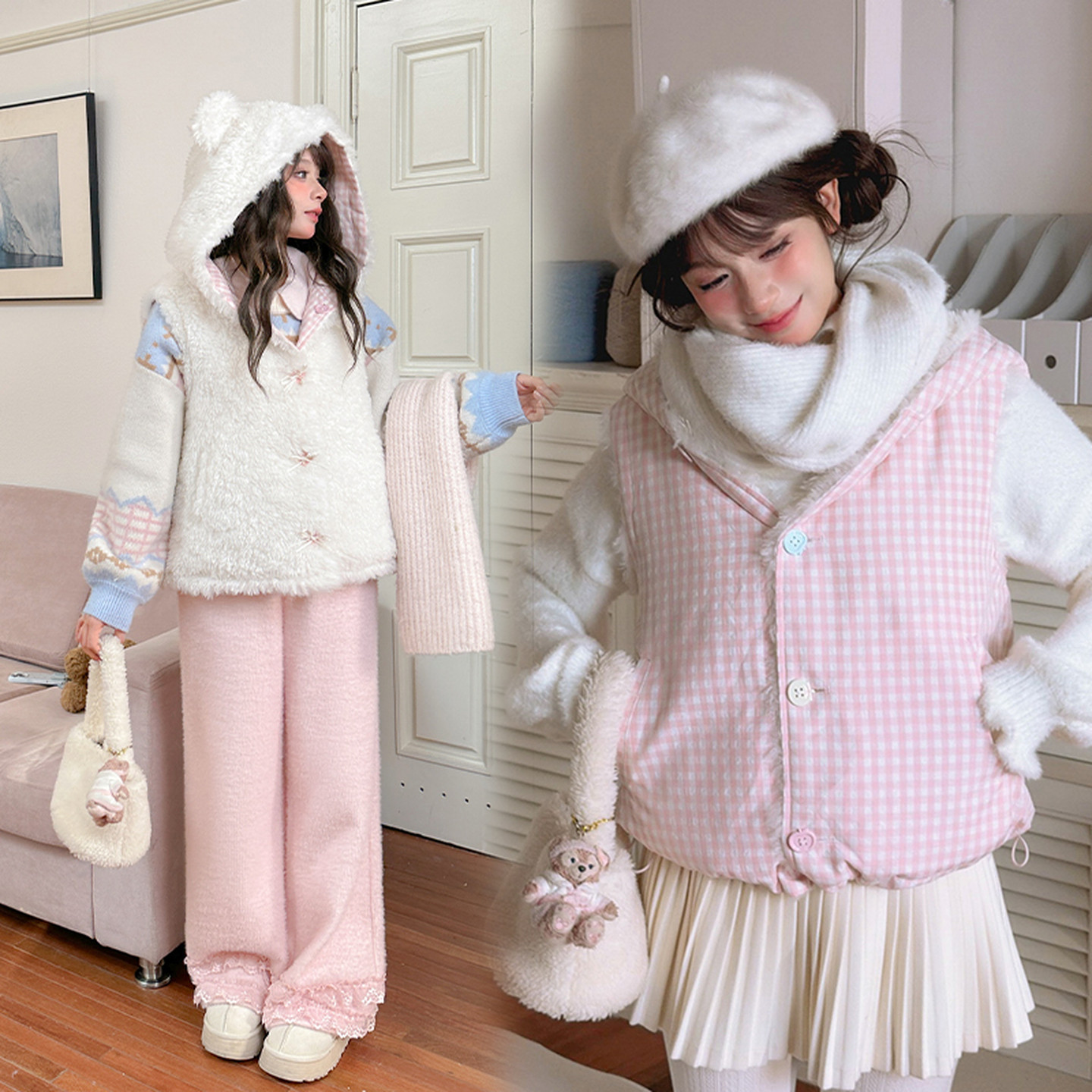 森女部落甜美风小熊双面穿设计感连帽马甲女新款宽松保暖外套冬季,淘宝优惠券,粉丝福利购,淘宝优惠卷