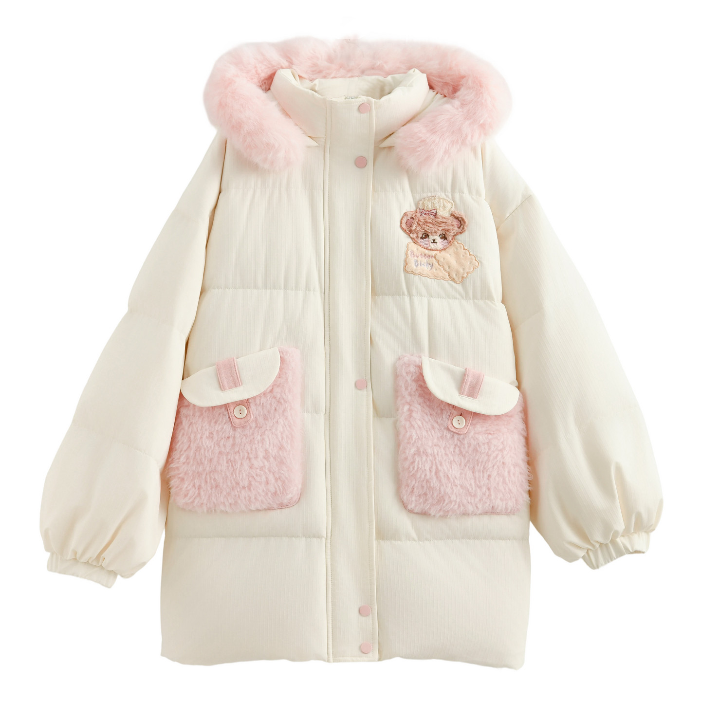 森女部落90%绒子白鸭绒宽松连帽羽绒服女25冬甜美刺绣中长款外套