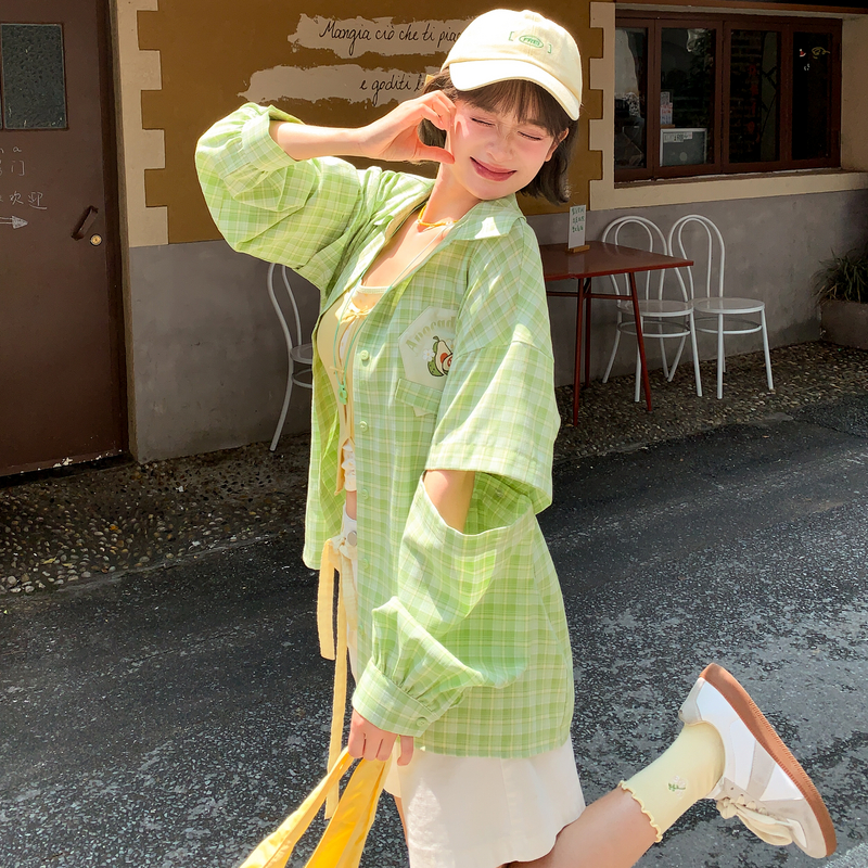 森女部落绿色格子短袖衬衫女上衣2025夏新款薄款两穿防晒衬衣外套 - 图2