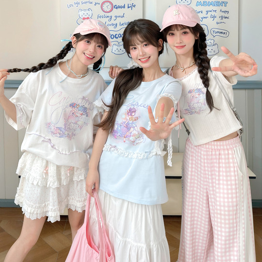 森女部落原创星座系列印花蕾丝花边短袖T恤女多巴胺少女纯棉上衣